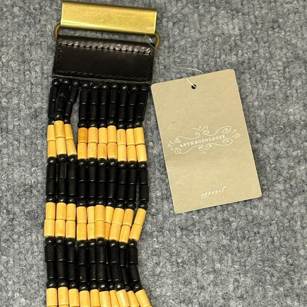 NWT Linea Pelle x Anthropologie Beaded Stretch Belt – Black & Gold, Brass Clasp